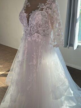 David Tutera Lace Appliqué A-Line Wedding Dress in Blush and Ivory